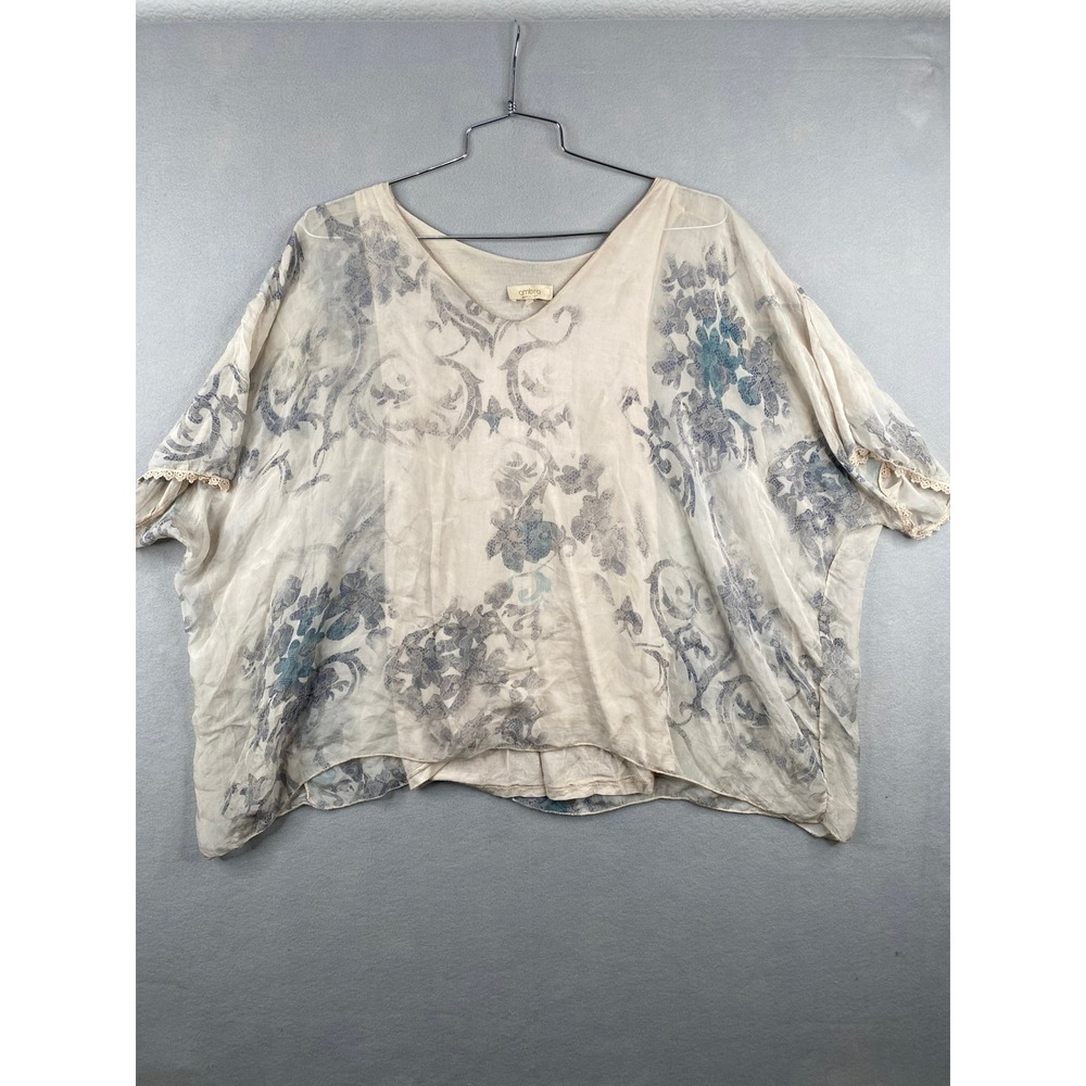 Ambra Made in Italy Silk Blend Floral Poncho Top Crochet Trim Cream Blue Small